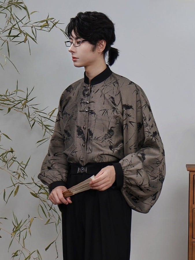 Banded Unisex with Blouse Sleeves Bamboo Pipa Grey Print Style Chinese Collar -