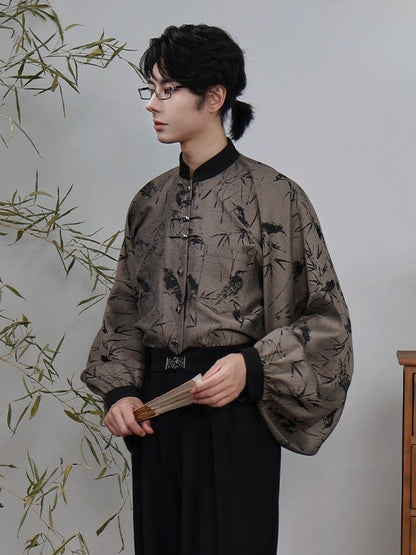 Banded Unisex with Blouse Sleeves Bamboo Pipa Grey Print Style Chinese Collar -