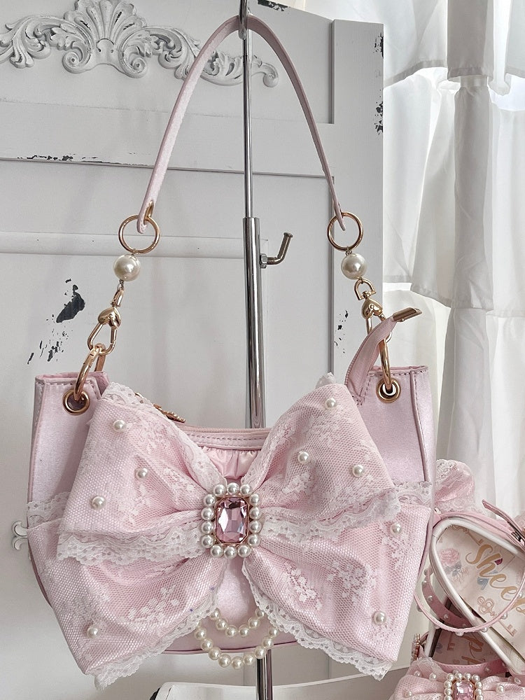 Satin Pink Lolita Underarm Bag with Lace Bow and Crystal - Sheep Puff Bag