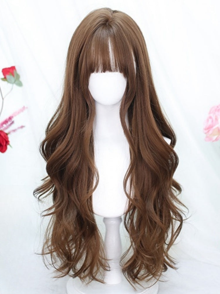 Braune, hüftlange, gewellte Perücke mit Air-Pony, 65–70 cm