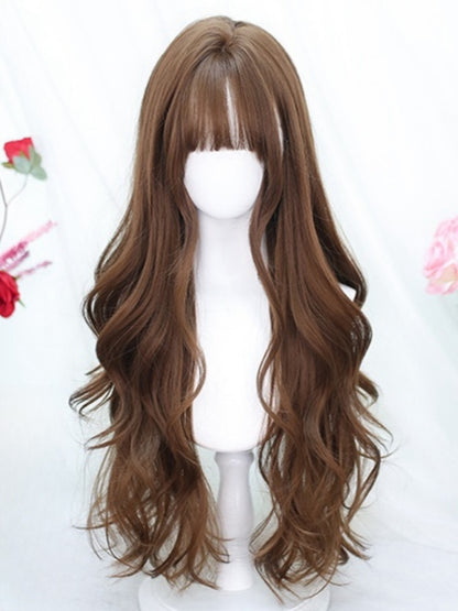 Braune, hüftlange, gewellte Perücke mit Air-Pony, 65–70 cm