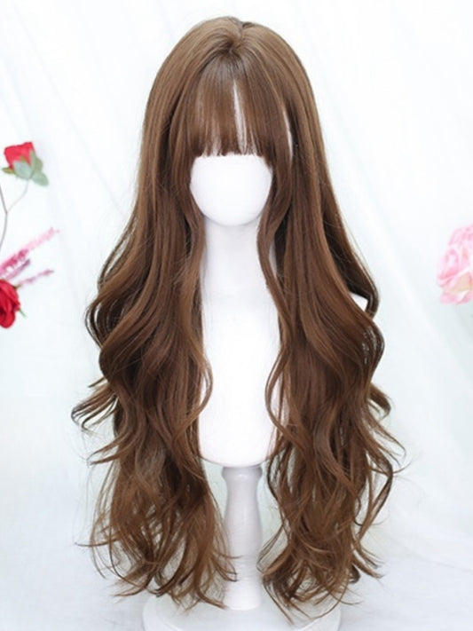 Braune, hüftlange, gewellte Perücke mit Air-Pony, 65–70 cm