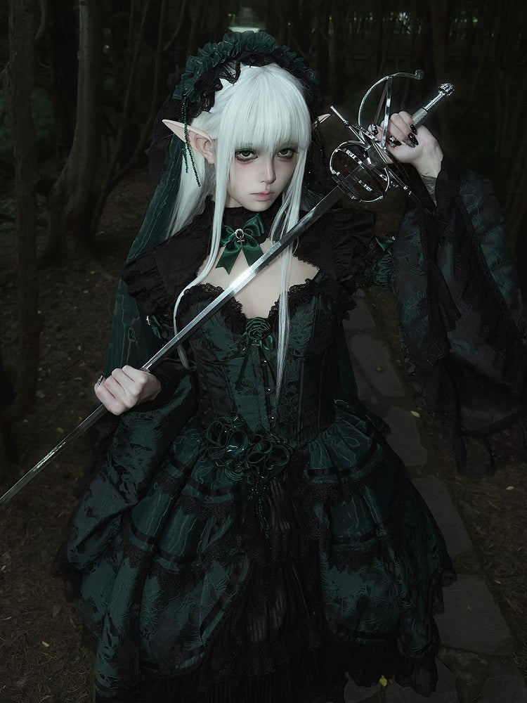 Black and Green Gothic Lolita Boned Corset Top Full Set with Skirt, Collar, Bell Sleeves & Accessories - Somnium Isle