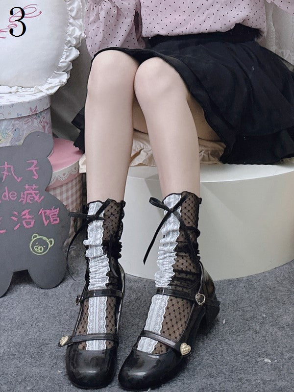 Bowknot Calf Socks With  Black/White Trim Details Lace Semi-sheer Polka-dot Pattern