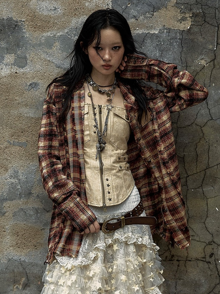 Punk Cotton-linen Red-brown Handcrafted Plaid Tie-dye Shirt