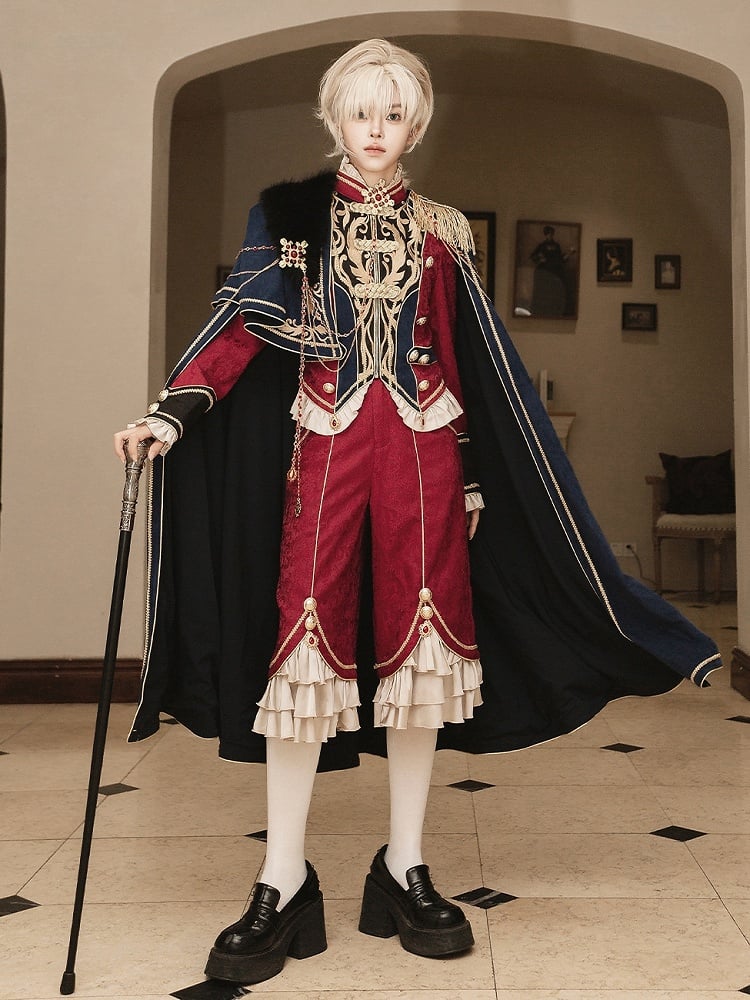 Golden Top + Chains Long Gorgeous Style Prince Sleeves Blue with Pants Royal Red Cape