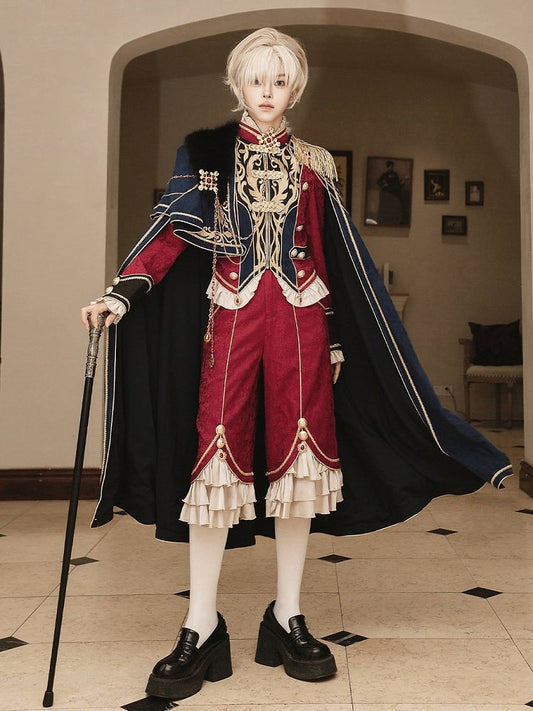 Golden Top + Chains Long Gorgeous Style Prince Sleeves Blue with Pants Royal Red Cape