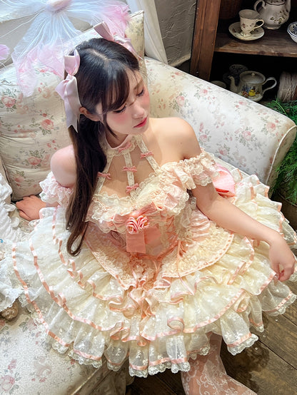 Rosa Kleid Rüschen Korsett Fee Prinzessin Spitze Kei Neckholder Stufenhals Taille Rock