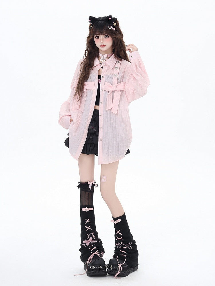 ライトブルー/ライトピンクのビッグリボンセミシアーシャツ