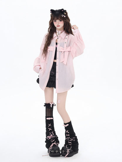 ライトブルー/ライトピンクのビッグリボンセミシアーシャツ