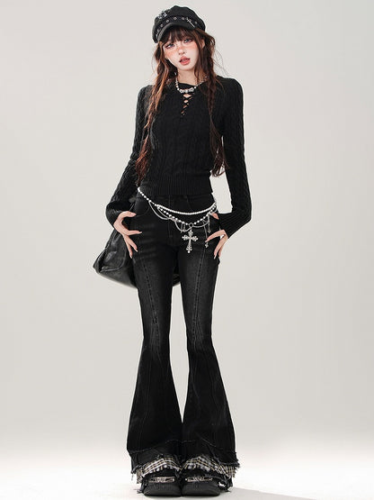 Grauer Slim-Fit-Pullover mit Rundhalsausschnitt und Cut-Out-Detail