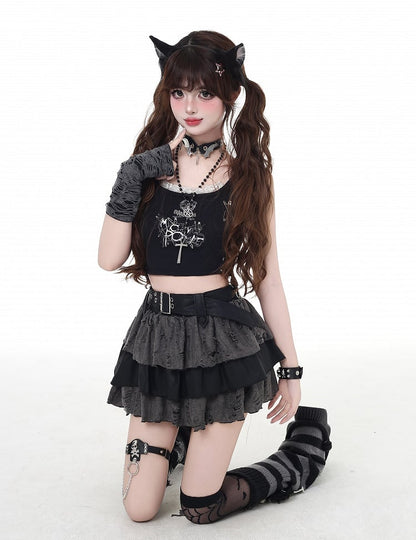 Tiered Skirt Gray Distressed Holes Lined