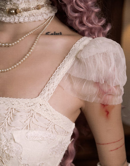 Cream Dress Goth Bows Slip Cutout Romantic Pink Heart Summer Light