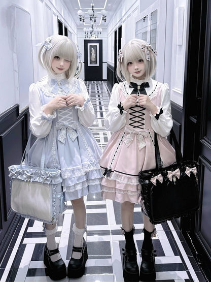 Jirai Pink Light Sweet Criss-Cross Dress Bodice Kei with Blue / Tiered Dreamy