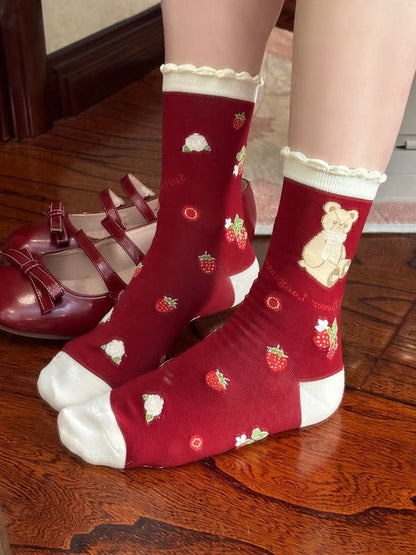 Erdbeerbär Socken Print Rot/Lila/Schwarz Lolita Kalbshase