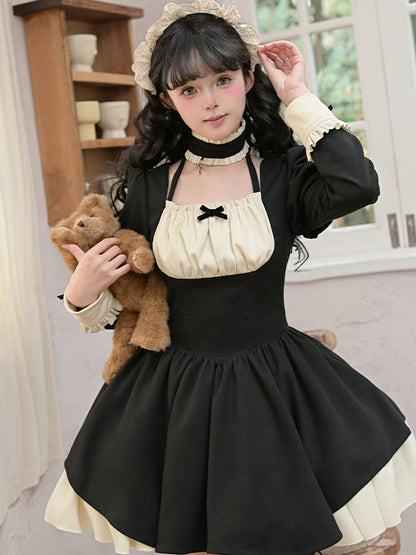 Short Maid Black with Bows Lolita Dress Beige and Juliette Sleeves Small
