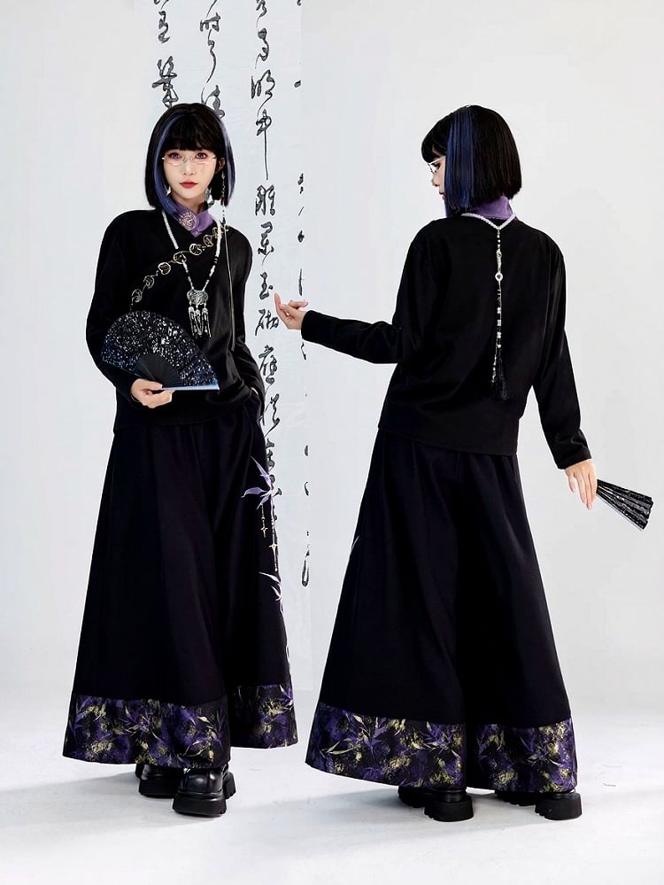 Pattern Taiji Leaf Cheongsam Style Wide-leg Pants Symbol - Embroidery Bamboo Black