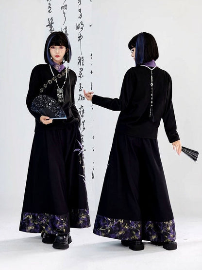 Pattern Taiji Leaf Cheongsam Style Wide-leg Pants Symbol - Embroidery Bamboo Black