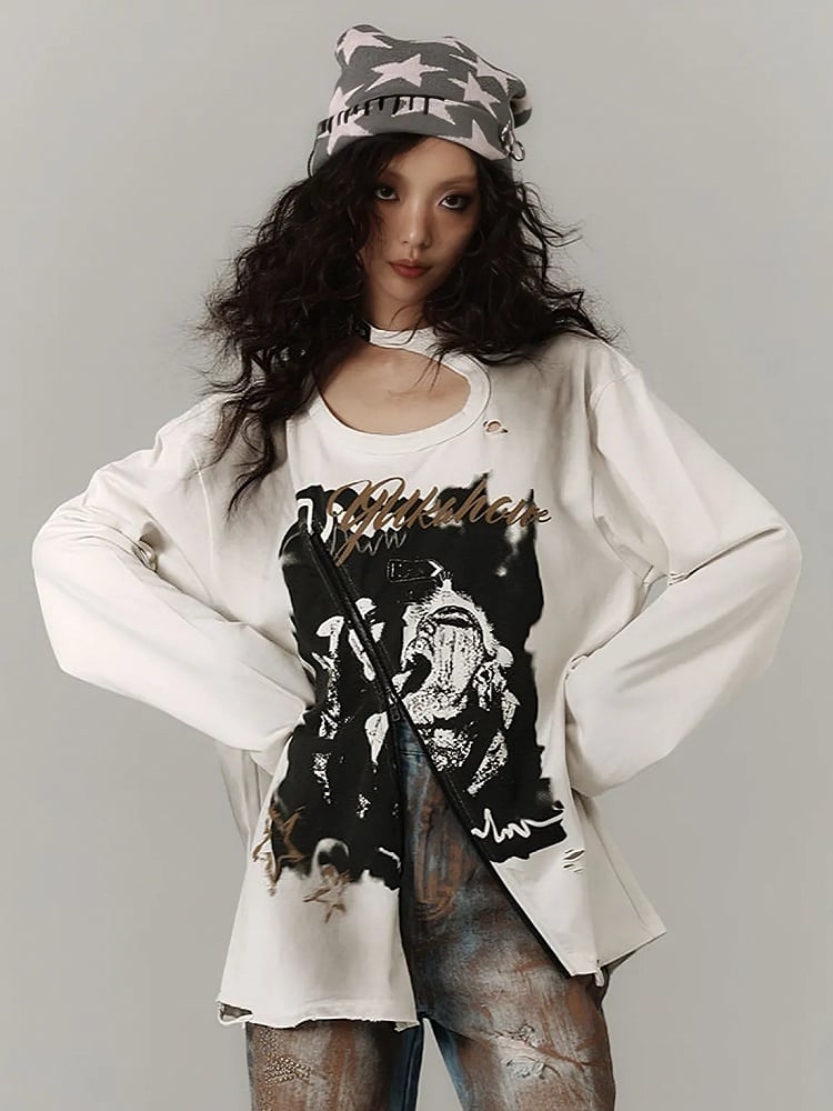 Zipper and Detail White Distressed Top with Cutout Shoulder