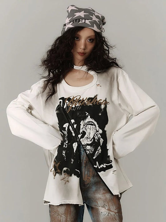 Zipper and Detail White Distressed Top with Cutout Shoulder