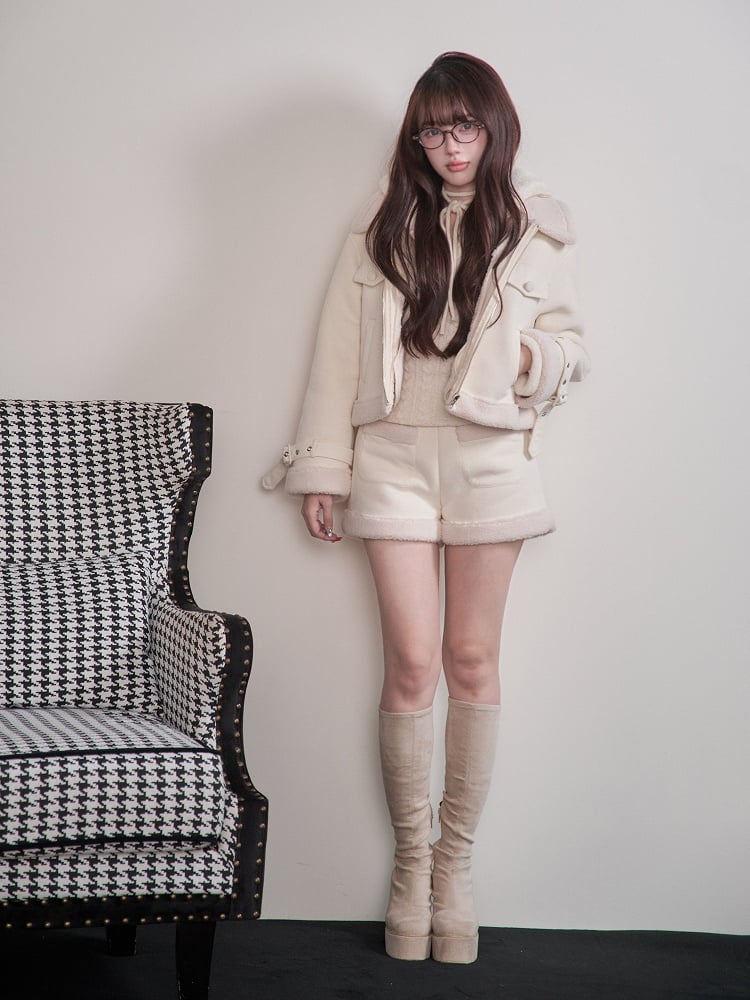 Cropped Hooded Kei White Jacket Strap with Details Jirai Zippered
