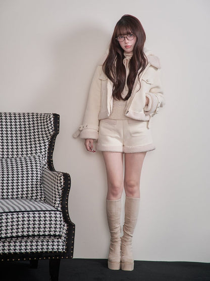 Cropped Hooded Kei White Jacket Strap with Details Jirai Zippered