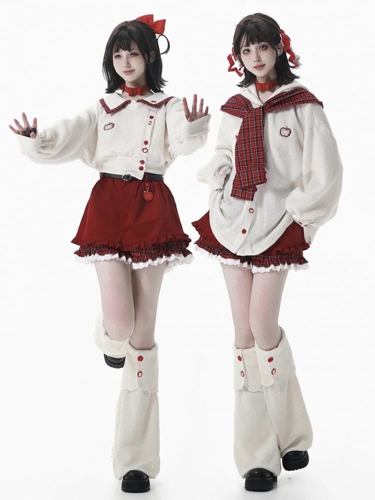 Collar with Crop and Sweatshirt Red Apple Regular/Thicken Embroidery Plaid Knit White