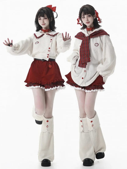 Collar with Crop and Sweatshirt Red Apple Regular/Thicken Embroidery Plaid Knit White