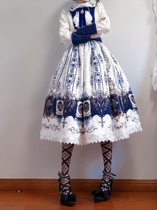 Candelabras with Long Print Dress Lolita White Blue Bat Dark Wings Sleeves Gothic