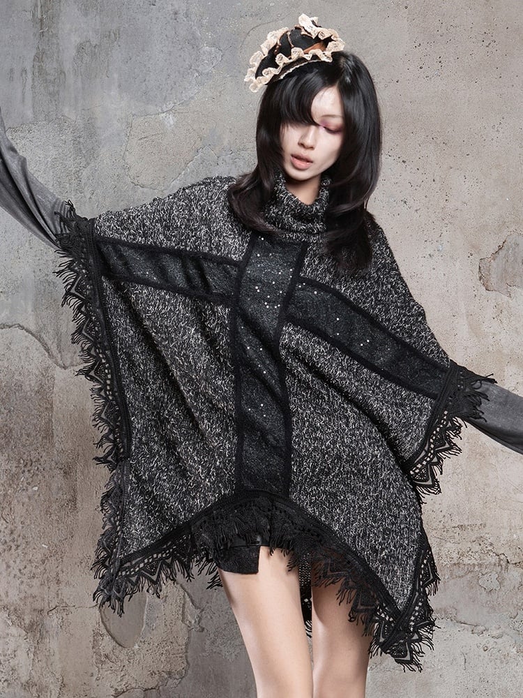 Cross Black Motif Raw Cape Punk and with Vintage Hem