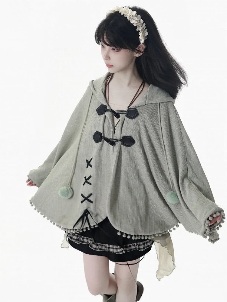 Accents Lace-Up Pom-Pom with and Kei Hooded Design Green Dusty Cape Mori