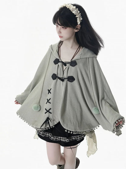 Accents Lace-Up Pom-Pom with and Kei Hooded Design Green Dusty Cape Mori