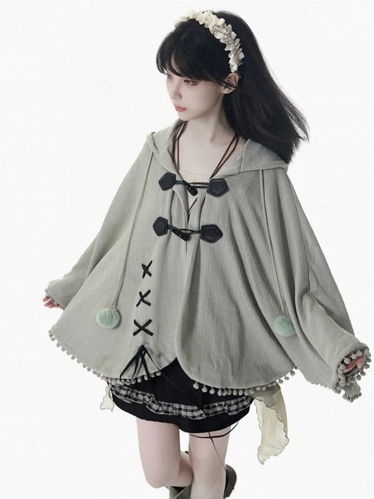 Accents Lace-Up Pom-Pom with and Kei Hooded Design Green Dusty Cape Mori