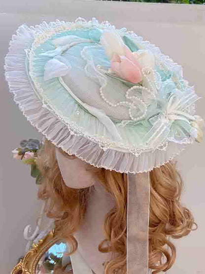 Decorated Tulip Blue Hat Flat Lolita / Green Pink