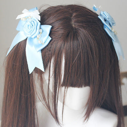 Chain Details Rosette Beaded Bowknot Blue/Pink Design Hairclips