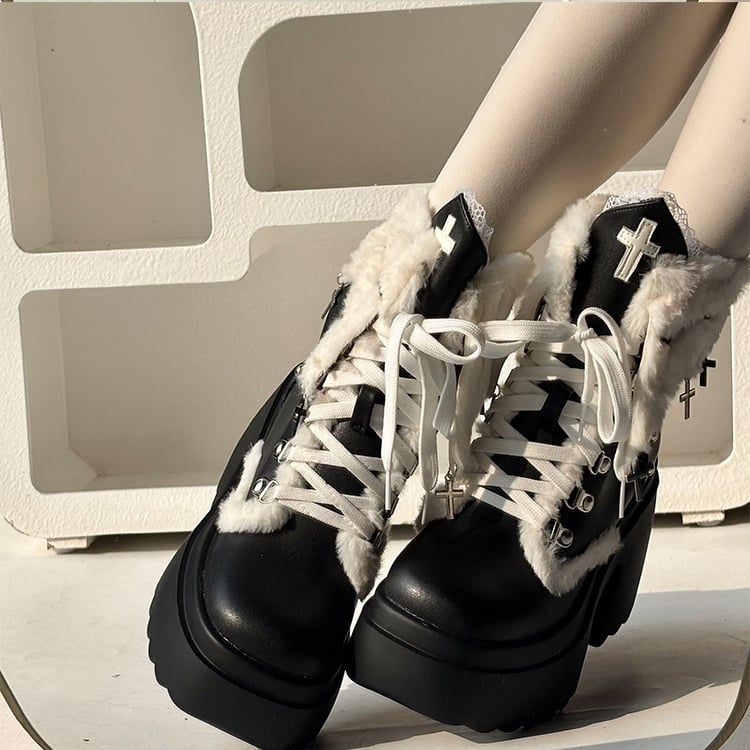 Punk Ankle with High Charm Cross Block Cuff Studded Heel Details Boots Plush Black Platform -