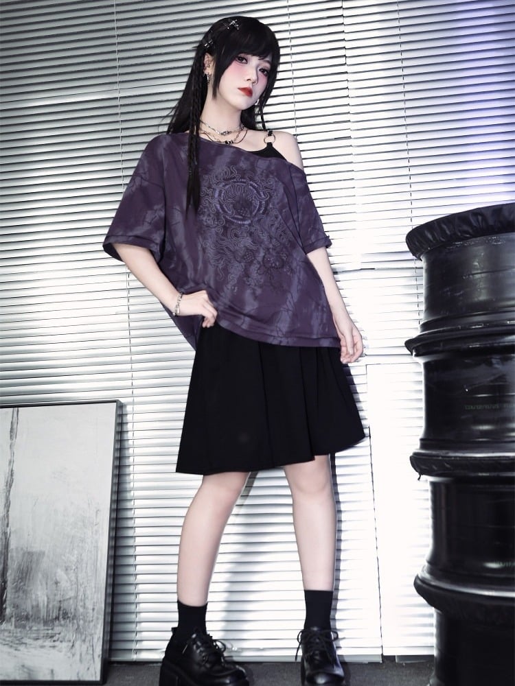 Gothic Purple Faux Two-Piece Off-Shoulder Tee with Sea Lily Print - Quirky Hut