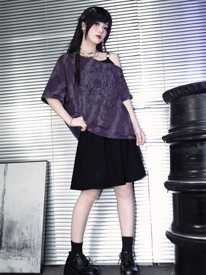 Gothic Purple Faux Two-Piece Off-Shoulder Tee with Sea Lily Print - Quirky Hut