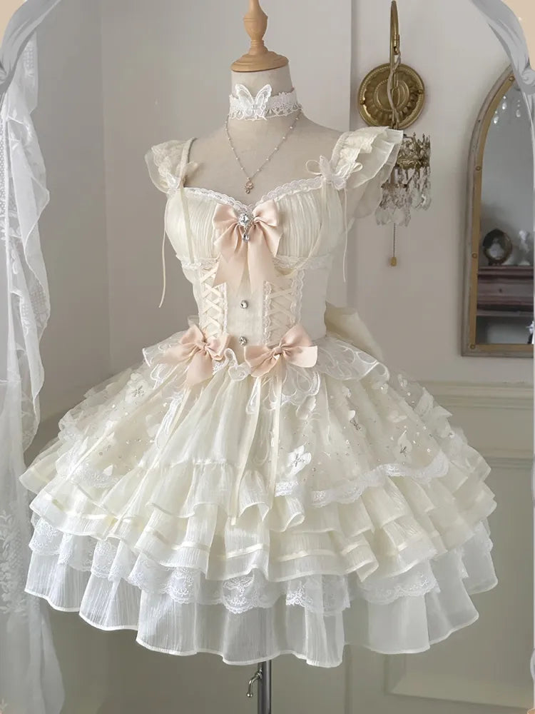 Beige Details 92CM Prinzessin Ausverkaufsgröße Pullover Schnürkleid für weiten Rock Set Pailletten Büste XL Schmetterling