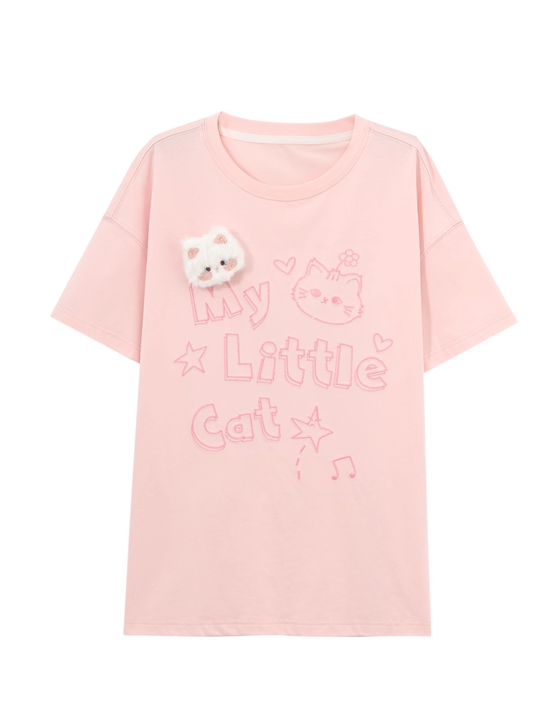 Pink/Mint T-shirt Kitty Plushie Round Neck Kitty Print Loose Blue with