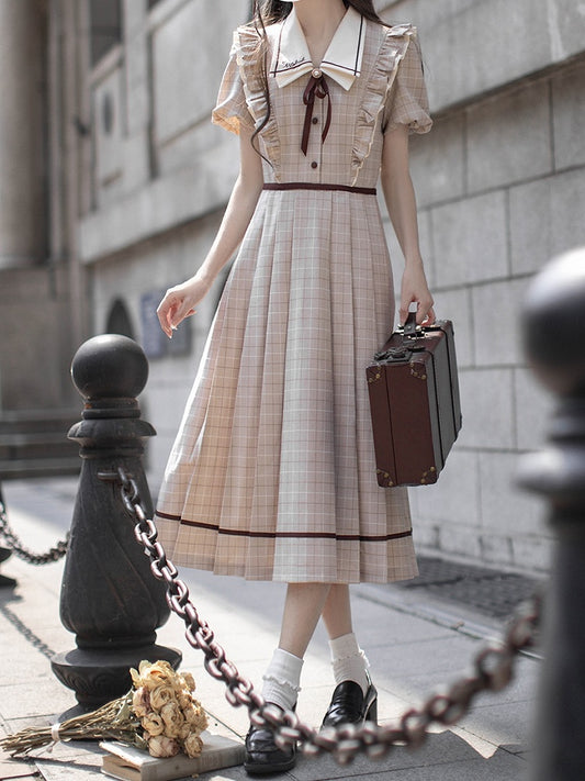 Plaid Elegant Puff Tie Coffee Light Sleeves Dress with Skirt Pleated