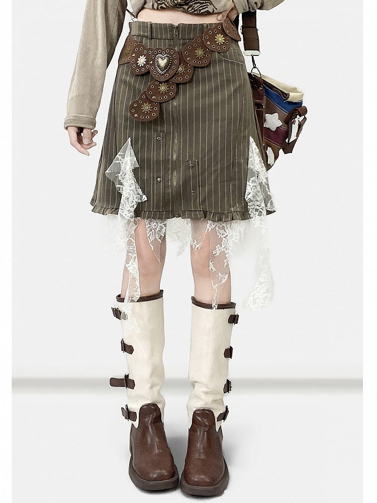 アクセントストライプレースフリルファッションコントラストカスケーディングミラードアーミーグリーンパッチパターンスカート