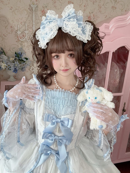 Lace Decorated WhiteBlue Bowknot Design Beaded Gloves