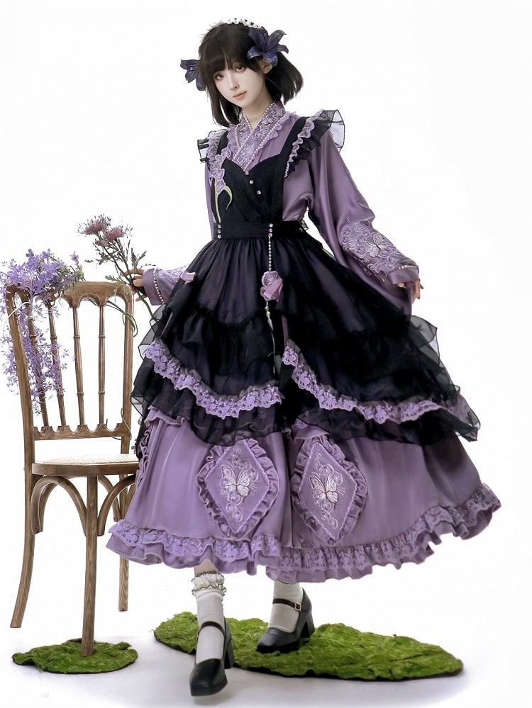 Zarte Schmetterling Schürze Lolita Kleid Schwarz Set Lila Han und Stickerei Voll Floral +