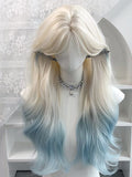Blue Blonde Curtain Ombre 70CM Wig Platinum Bangs Wavy with