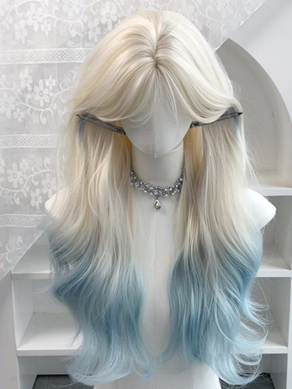 Blue Blonde Curtain Ombre 70CM Wig Platinum Bangs Wavy with