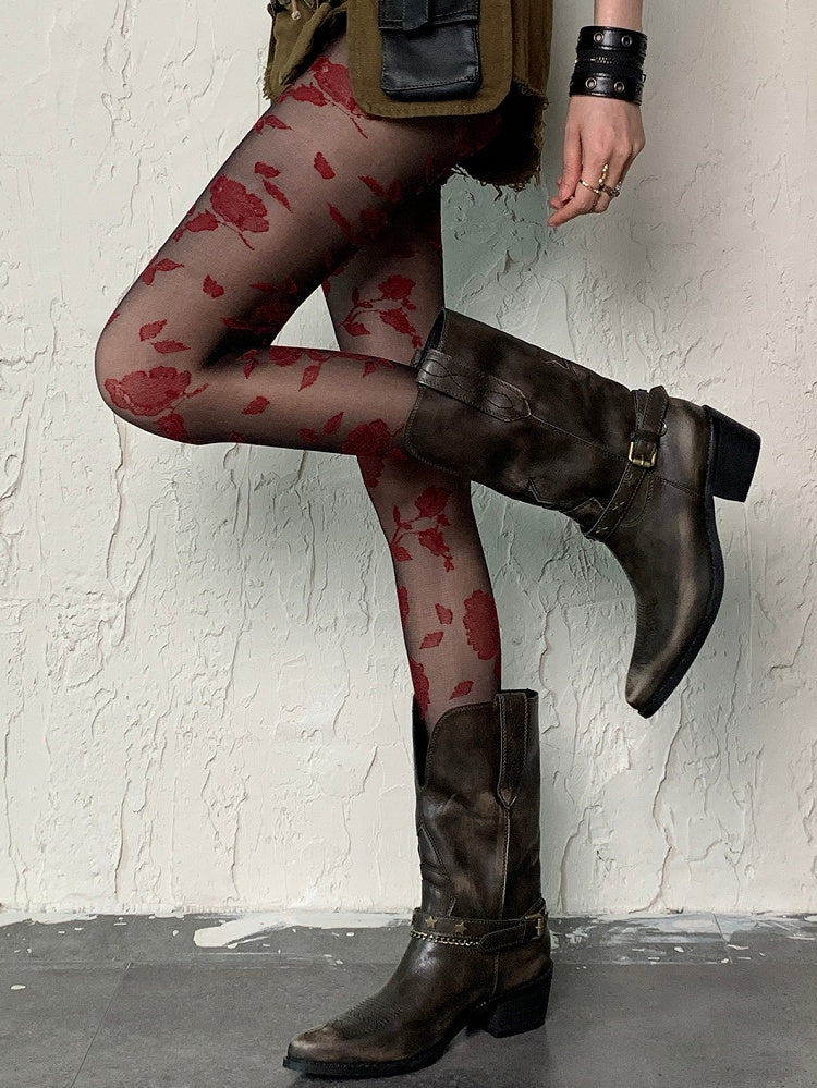 BlackRed Pattern Tights Gothic Rosette