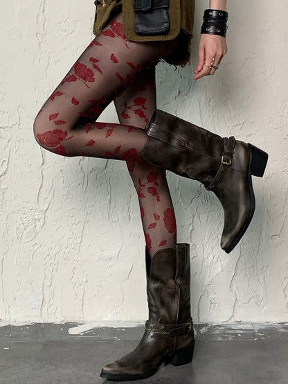 BlackRed Pattern Tights Gothic Rosette