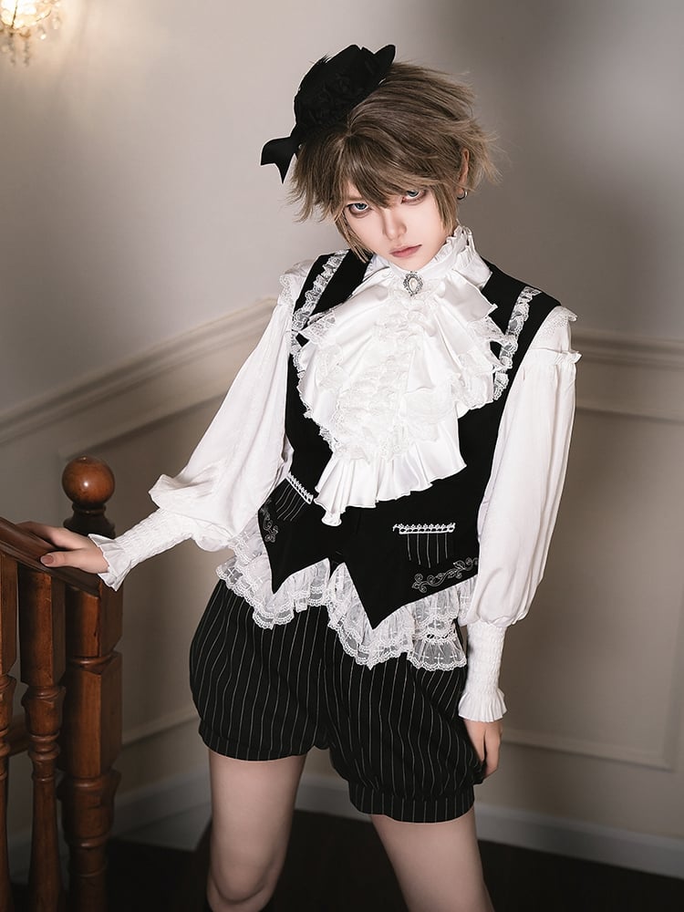 Ouji Lolita Waistcoat with Cross Embroidery and Lace Hem - With PUJI