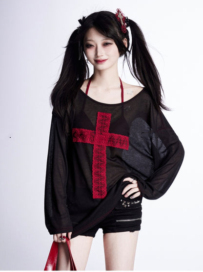 with Lace Cross  Red Asymmetrical Neckline Black Sun Protection Coverup